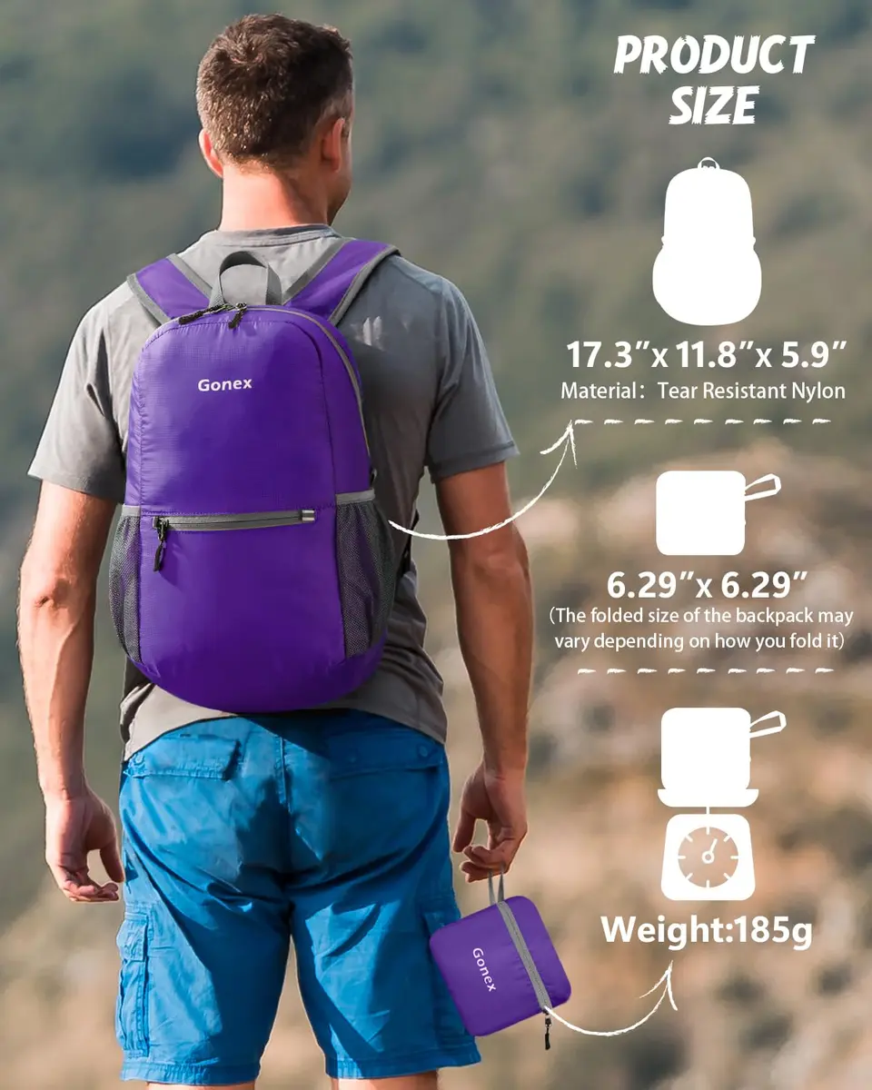 Gonex Packable Daypack Backpack 20L Lightweight Foldable Travel Bag | Water & Tear Resistant Nylon, Compact & Unfold Size 44x30x15cm - view 4