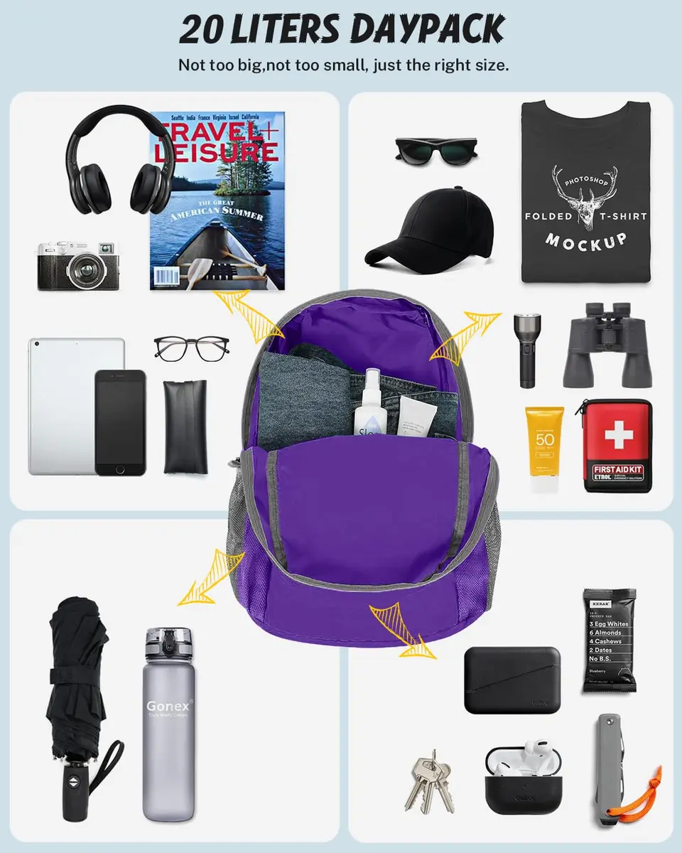 Gonex Packable Daypack Backpack 20L Lightweight Foldable Travel Bag | Water & Tear Resistant Nylon, Compact & Unfold Size 44x30x15cm - view 5