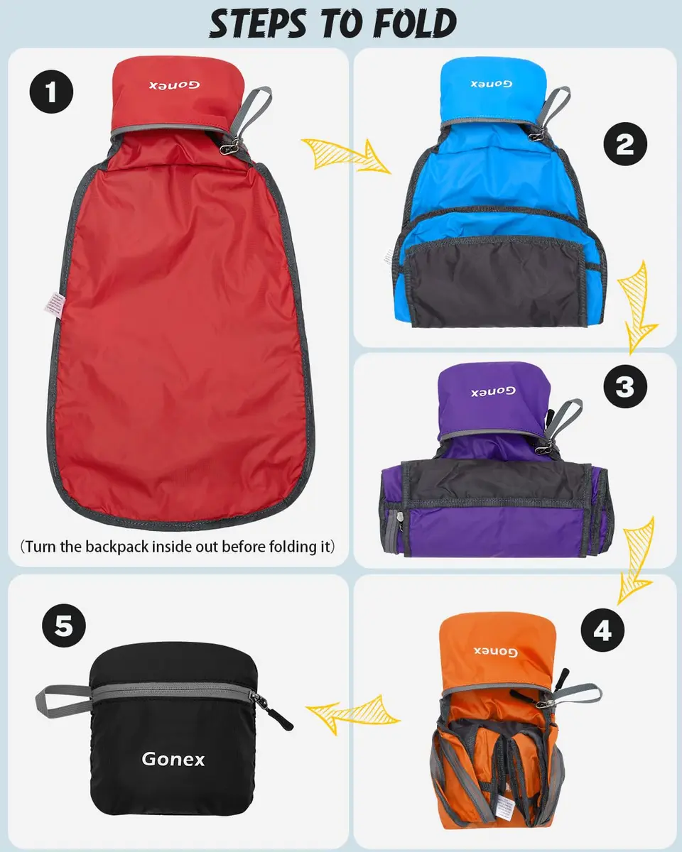 Gonex Packable Daypack Backpack 20L Lightweight Foldable Travel Bag | Water & Tear Resistant Nylon, Compact & Unfold Size 44x30x15cm - view 2