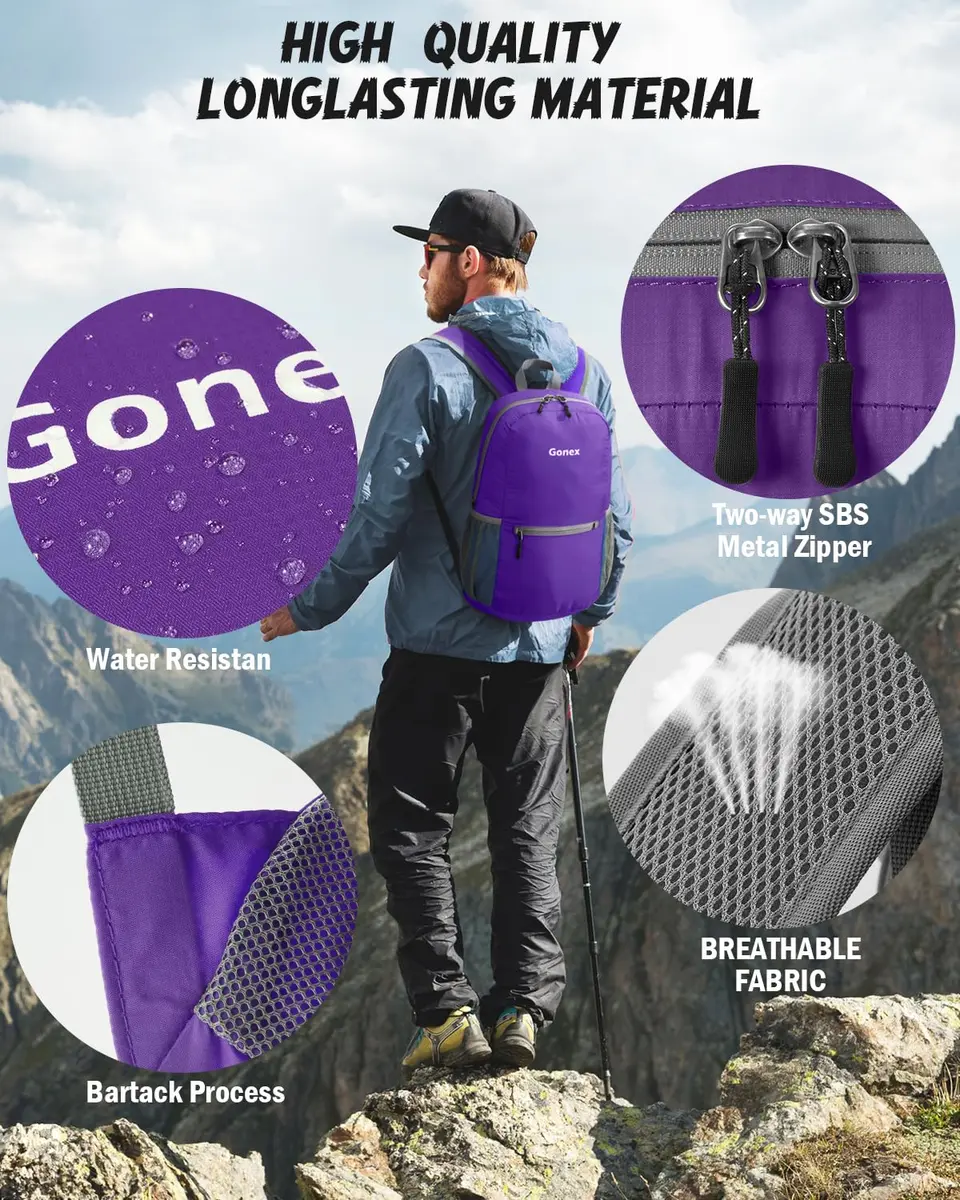 Gonex Packable Daypack Backpack 20L Lightweight Foldable Travel Bag | Water & Tear Resistant Nylon, Compact & Unfold Size 44x30x15cm - view 3