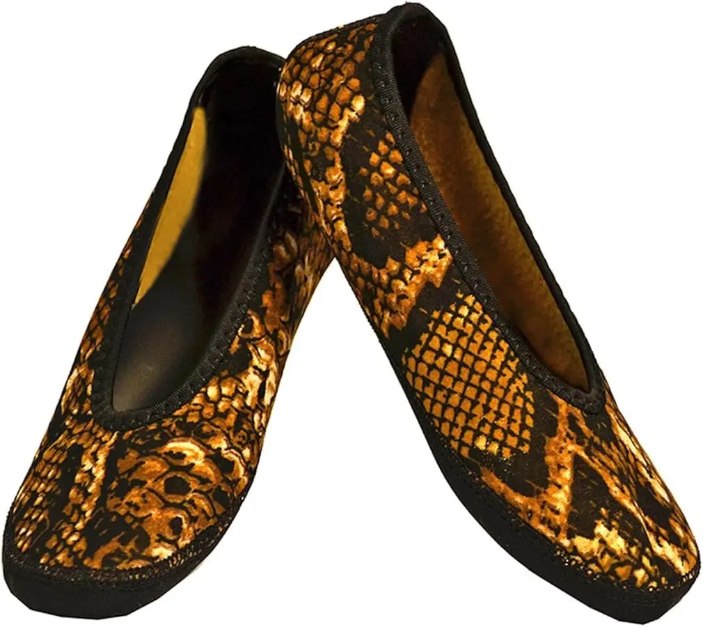 Nufoot Ballet Flats Fuzzies Women's Slippers, Foldable, Flexible Flat, Gold Snake, Medium | Indoor Comfort & Travel Friendly - main product image