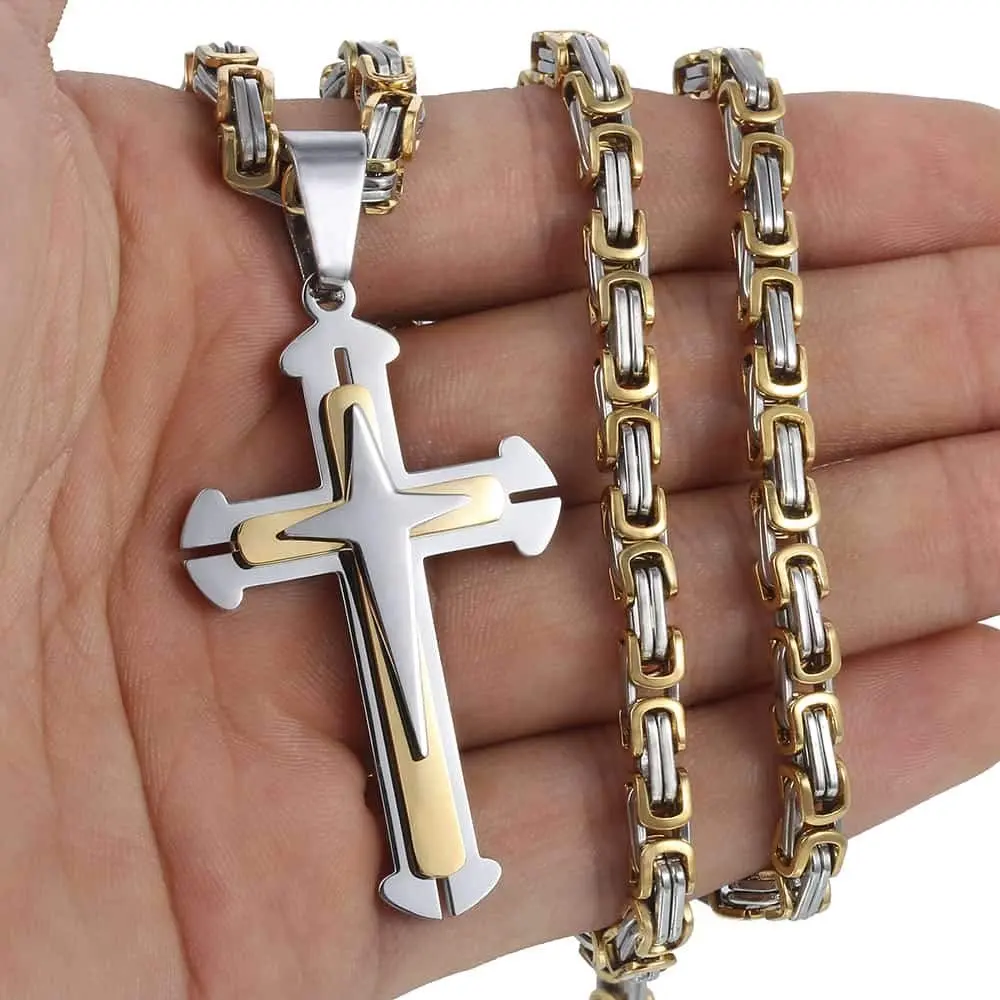 Trendsmax Stainless Steel Cross Pendant Necklace with Byzantine Chain, 55 cm (22 inch) | Religious Faith Symbol for Men - view 2