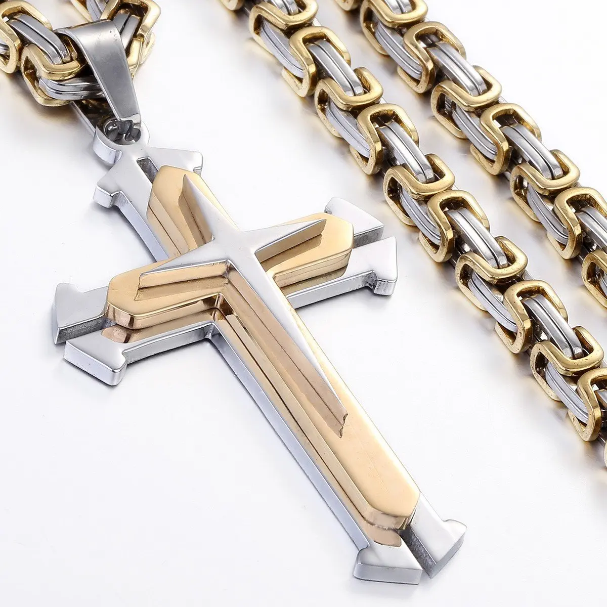 Trendsmax Stainless Steel Cross Pendant Necklace with Byzantine Chain, 55 cm (22 inch) | Religious Faith Symbol for Men - view 3