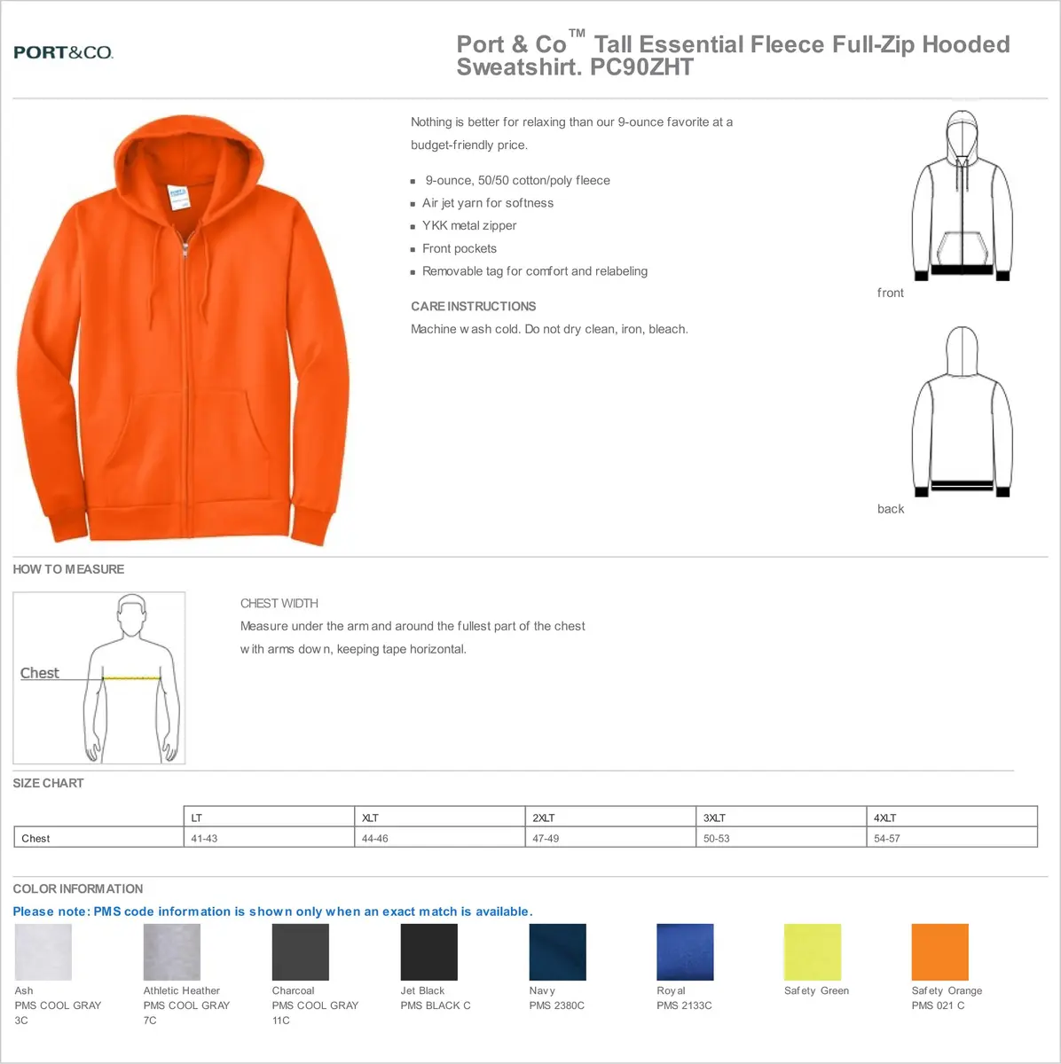 Port & Co Tall Essential Fleece Full-Zip Hooded Sweatshirt, Navy, LT | Extra Length, Cozy Midweight Fleece - view 7