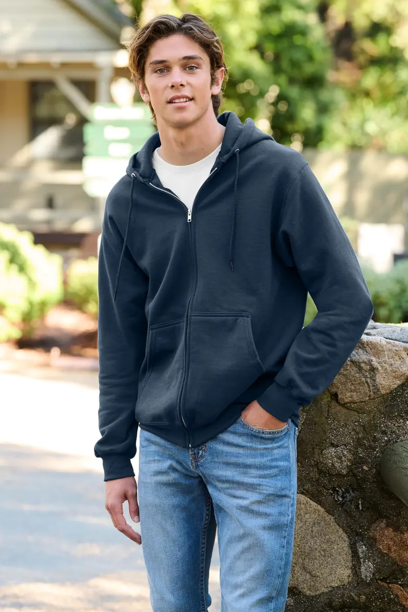 Port & Co Tall Essential Fleece Full-Zip Hooded Sweatshirt, Navy, LT | Extra Length, Cozy Midweight Fleece - view 3