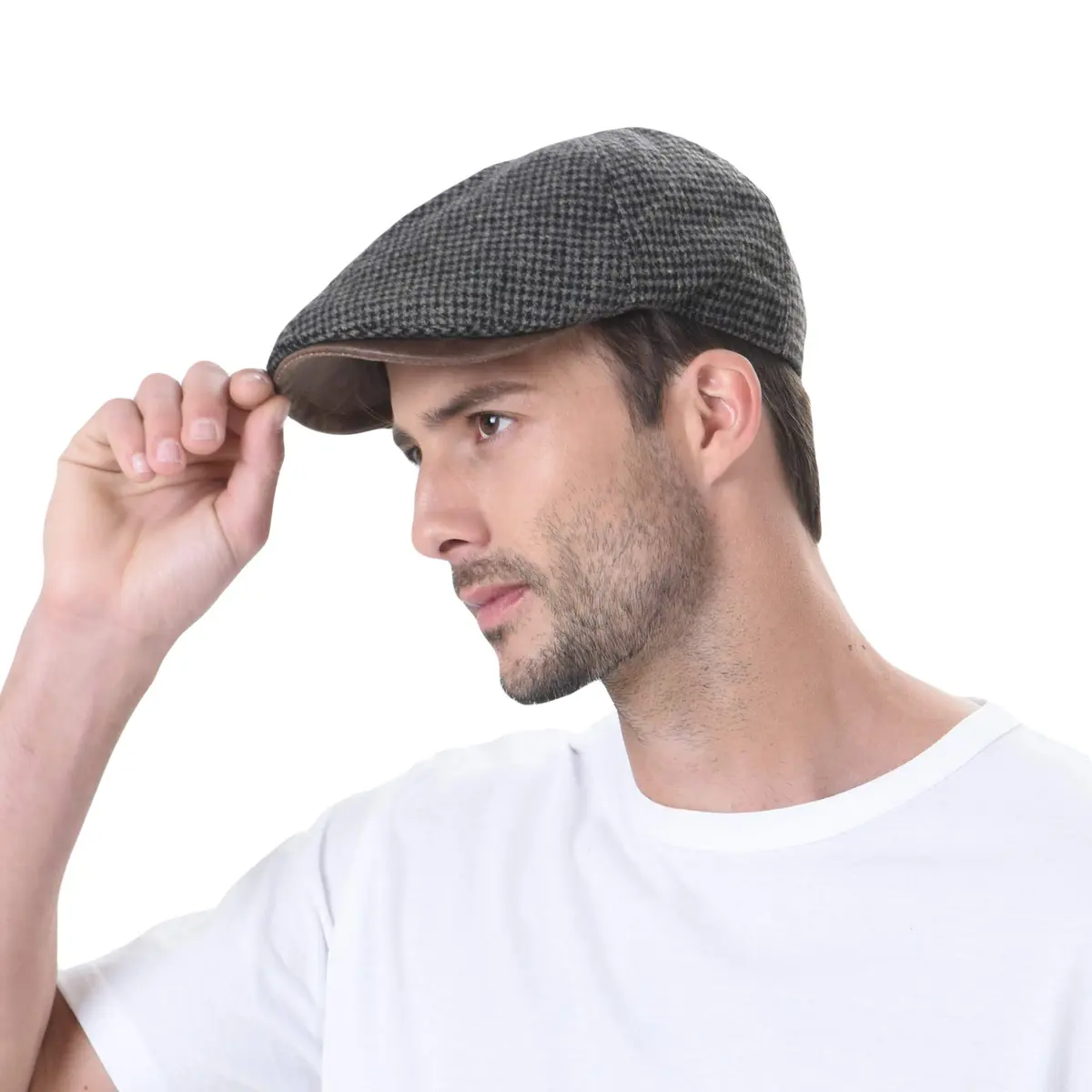 WITHMOONS Tweed Newsboy Hat Faux Leather Brim | Fall/Winter Wool Flat Cap (54-57cm) - main product image