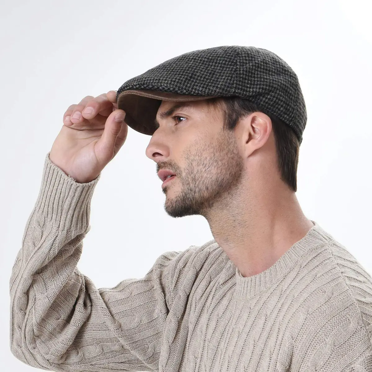 WITHMOONS Tweed Newsboy Hat Faux Leather Brim | Fall/Winter Wool Flat Cap (54-57cm) - view 2