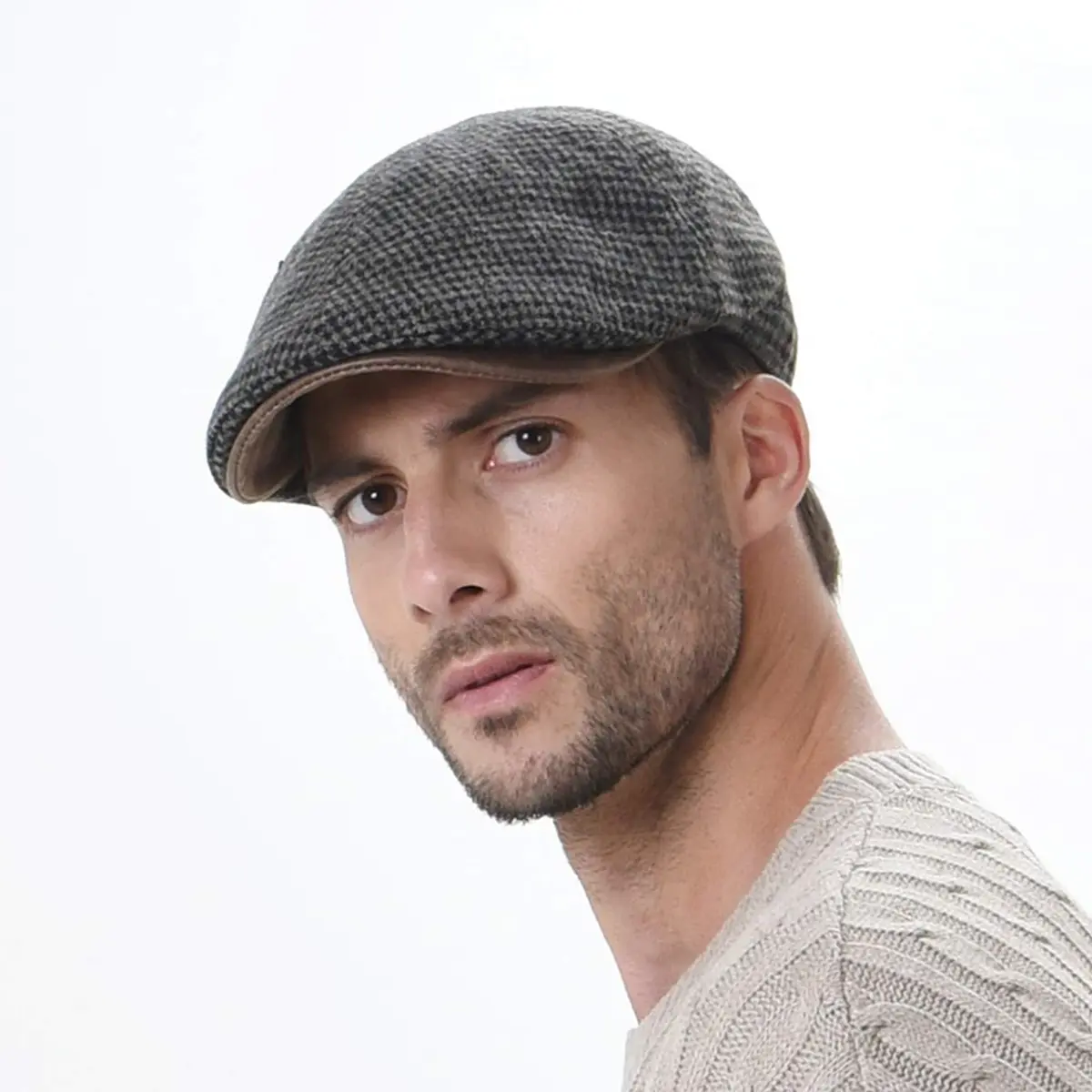 WITHMOONS Tweed Newsboy Hat Faux Leather Brim | Fall/Winter Wool Flat Cap (54-57cm) - view 3