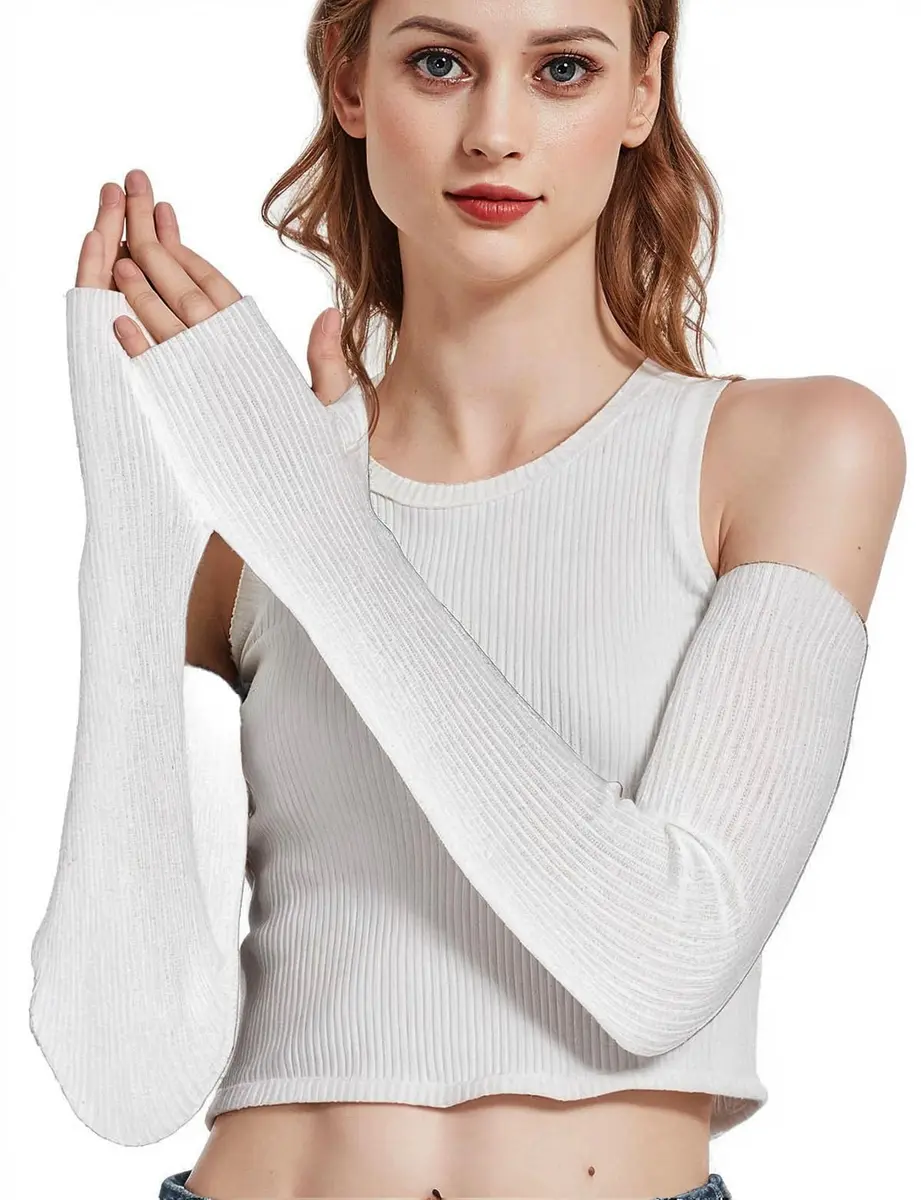 Novawo Wool Blend Arm Warmers for Women | Soft Long Fingerless Gloves in White - main product image