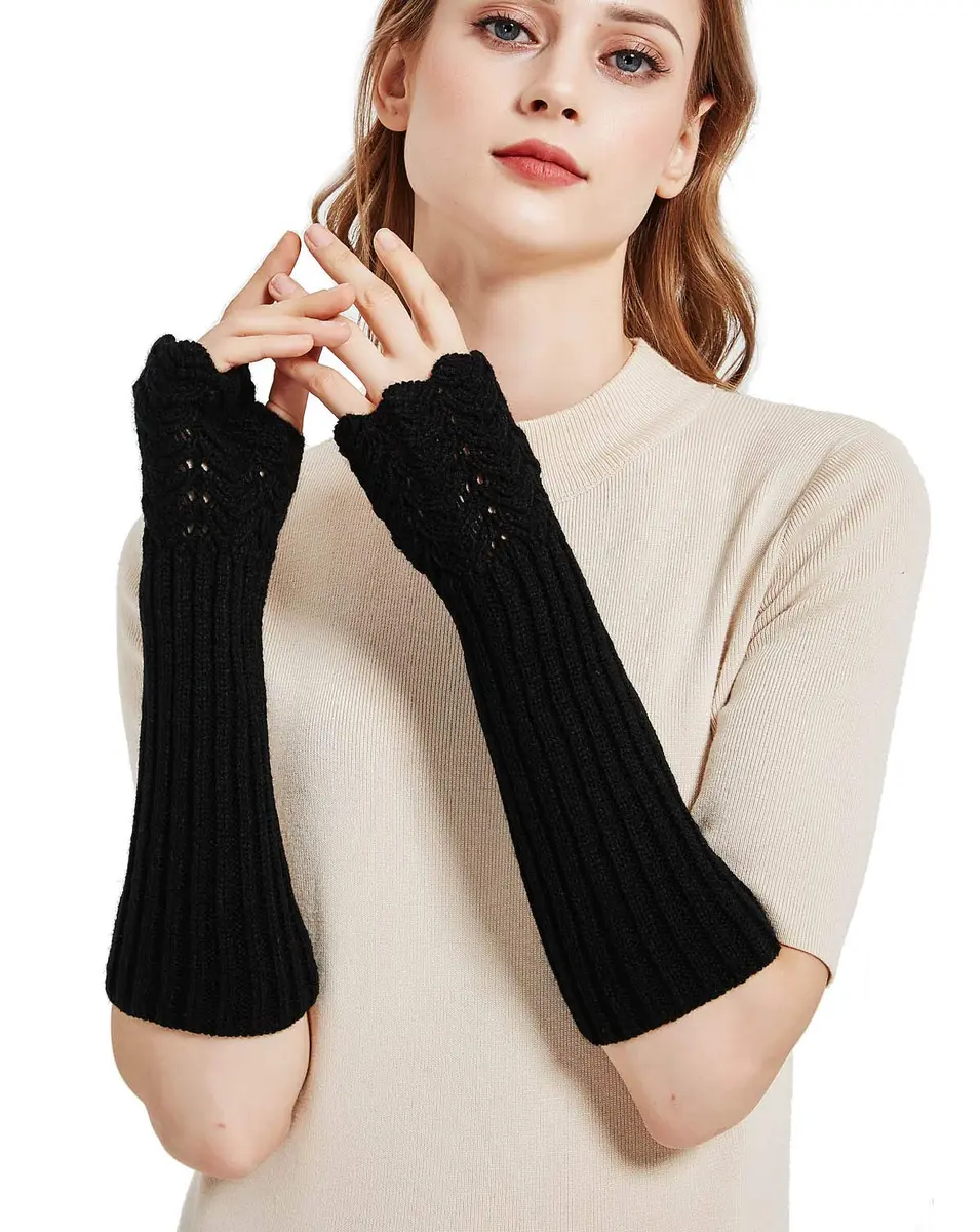 Novawo Women Arm Warmers Warm Knitted Long Gloves Winter Fashion Gloves | Soft Acrylic, One Size, Black - view 2
