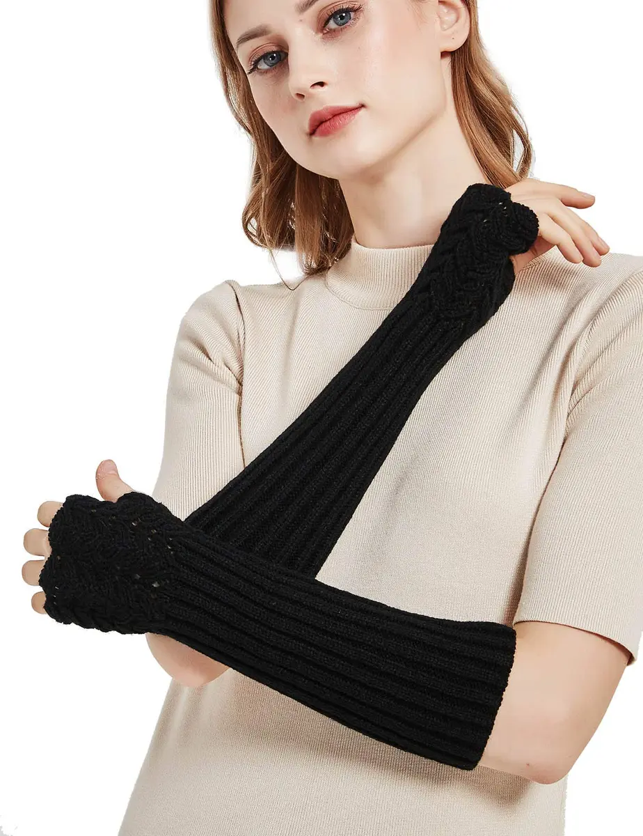 Novawo Women Arm Warmers Warm Knitted Long Gloves Winter Fashion Gloves | Soft Acrylic, One Size, Black - view 3
