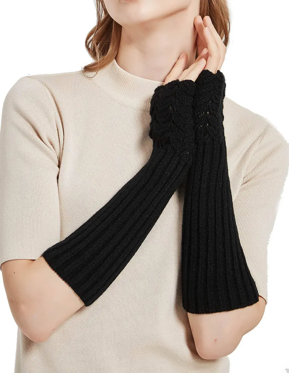 Novawo Women Arm Warmers Warm Knitted Long Gloves Winter Fashion Gloves | Soft Acrylic, One Size, Black - view 4