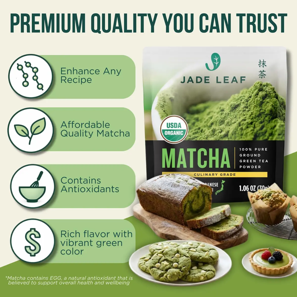Jade Leaf Matcha Powder, Organic Culinary Grade, 100g (3.53oz) | Japanese Organic Matcha for Smoothies & Baking - view 2