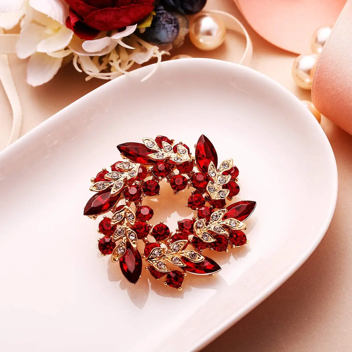 Ever Faith Austrian Crystal Wedding Flower Wreath Brooch Pin Red Gold-Tone | Elegant Bridal Accessory - view 4