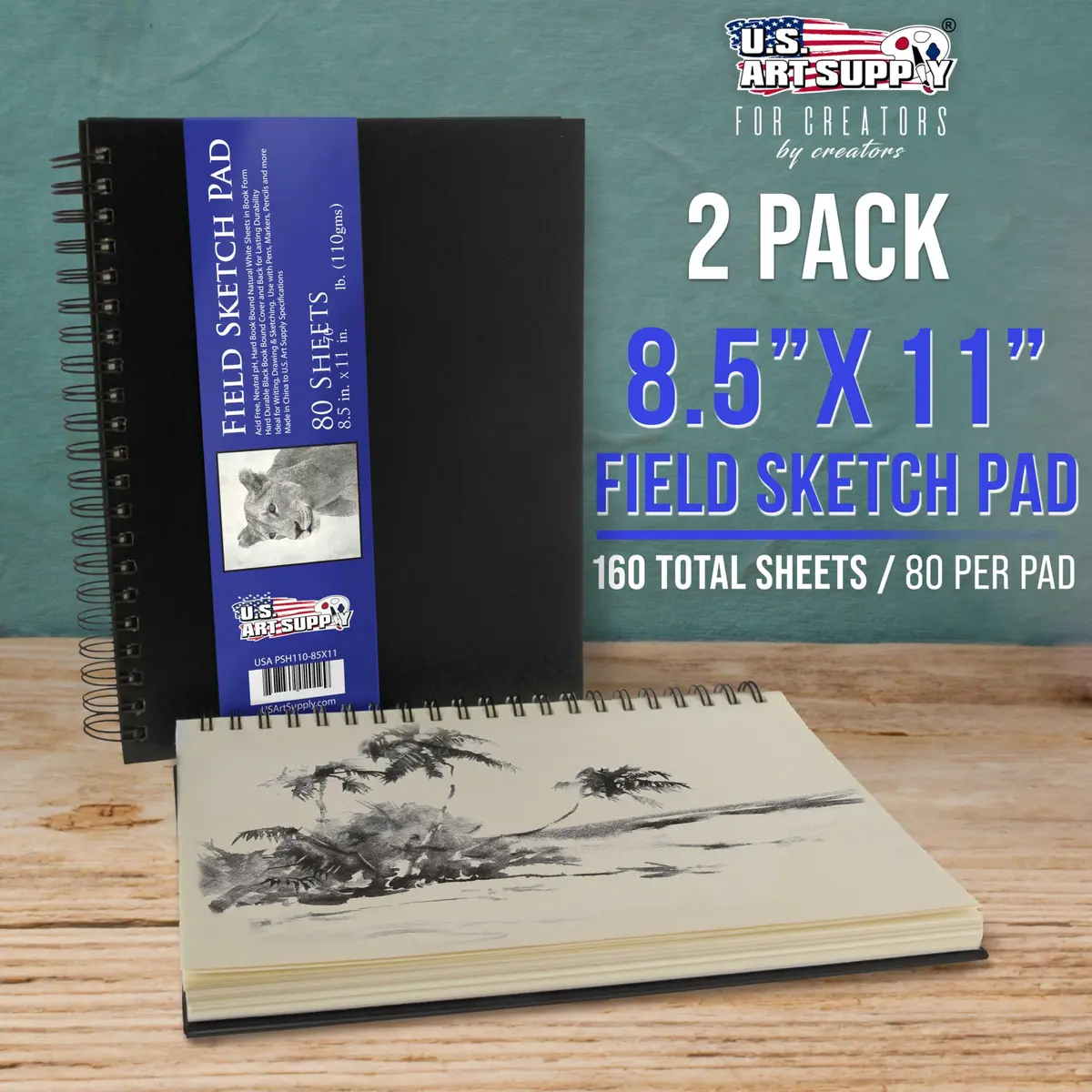 U.S. Art Supply 8.5" x 11" Premium Hardbound Sketch Book, 2-Pack | Spiral-Bound Artist Sketchpad for Drawing & Mixed Media - view 2