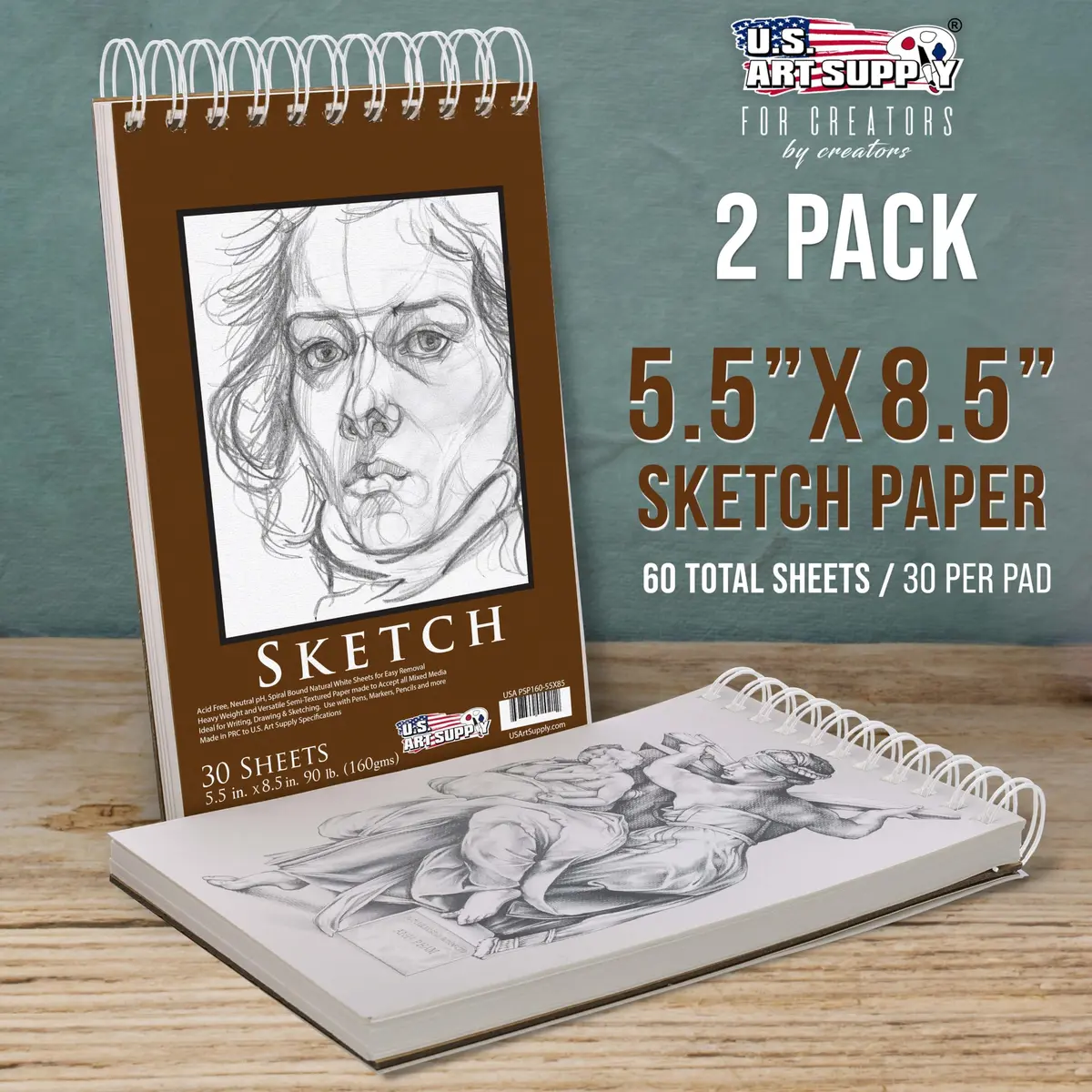 U.S. Art Supply 5.5x8.5 Heavy-Weight Sketch Pad | 30 Sheets, Spiral Bound, Natural White Paper - view 2