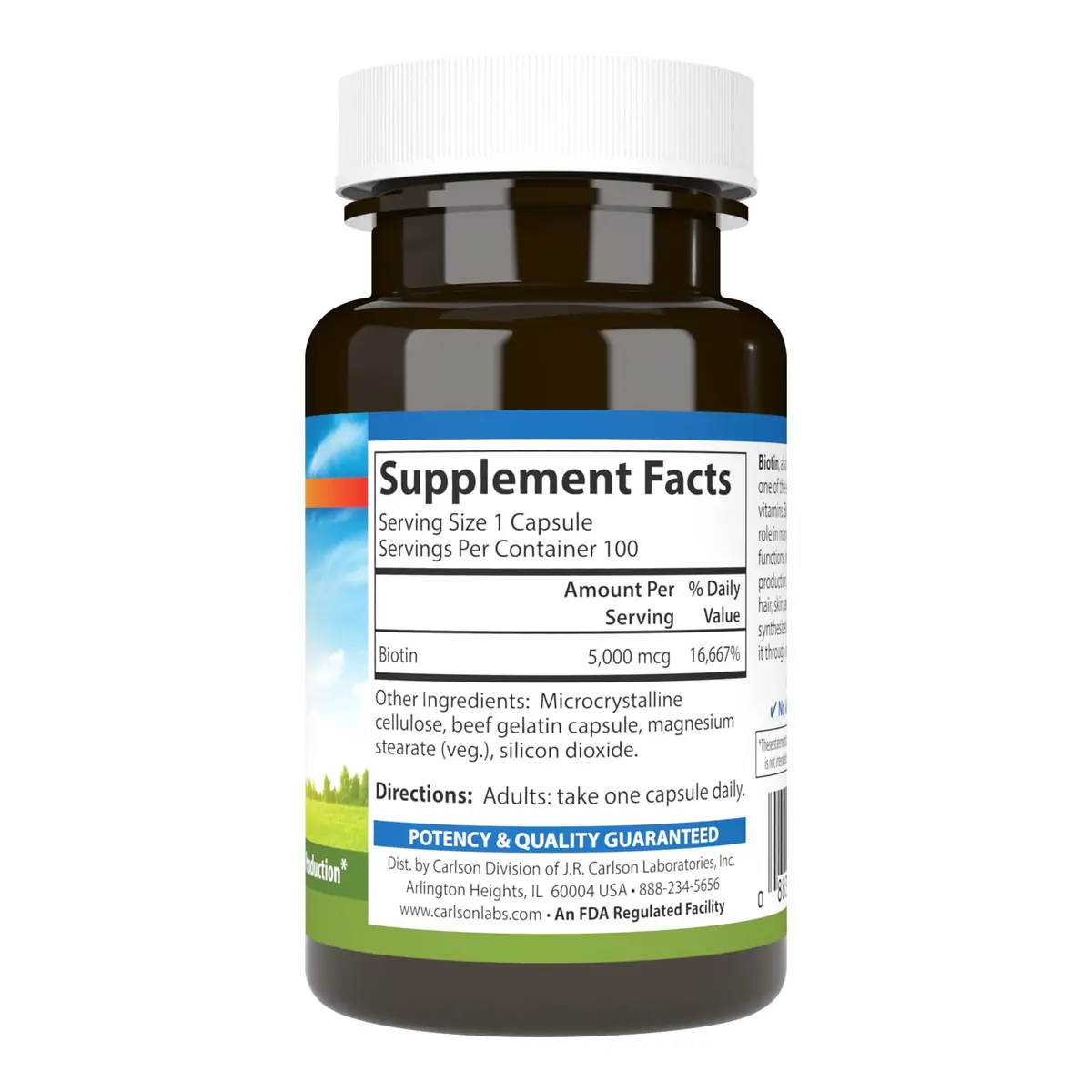 Carlson Biotin 5000 mcg | Supports Hair, Nails & Skin | 100 Capsules - view 2