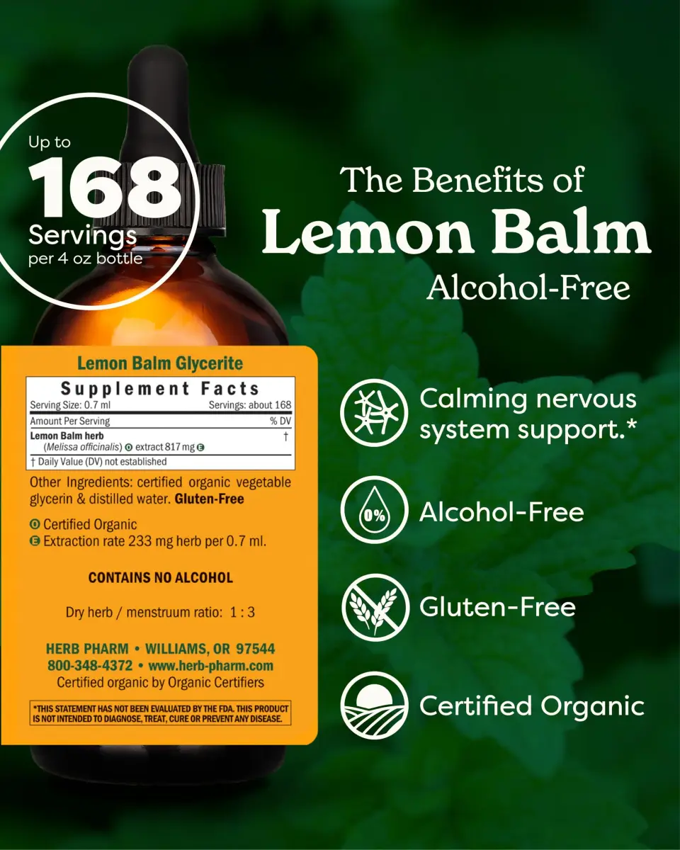 Herb Pharm Organic Lemon Balm Extract Alcohol-Free Liquid 118ml (4 Fl Oz) | Calming Support for Nervous System - view 2