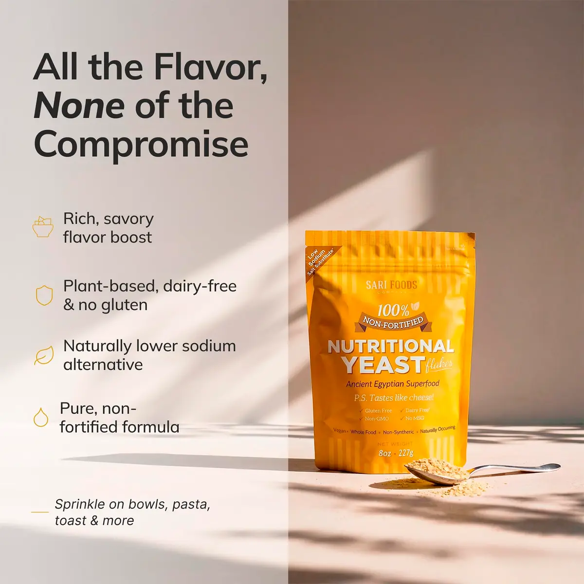 Sari Foods Co Gluten Free Nutritional Yeast Flakes 8oz (227g) | Vegan Protein & B Vitamins Superfood - view 6