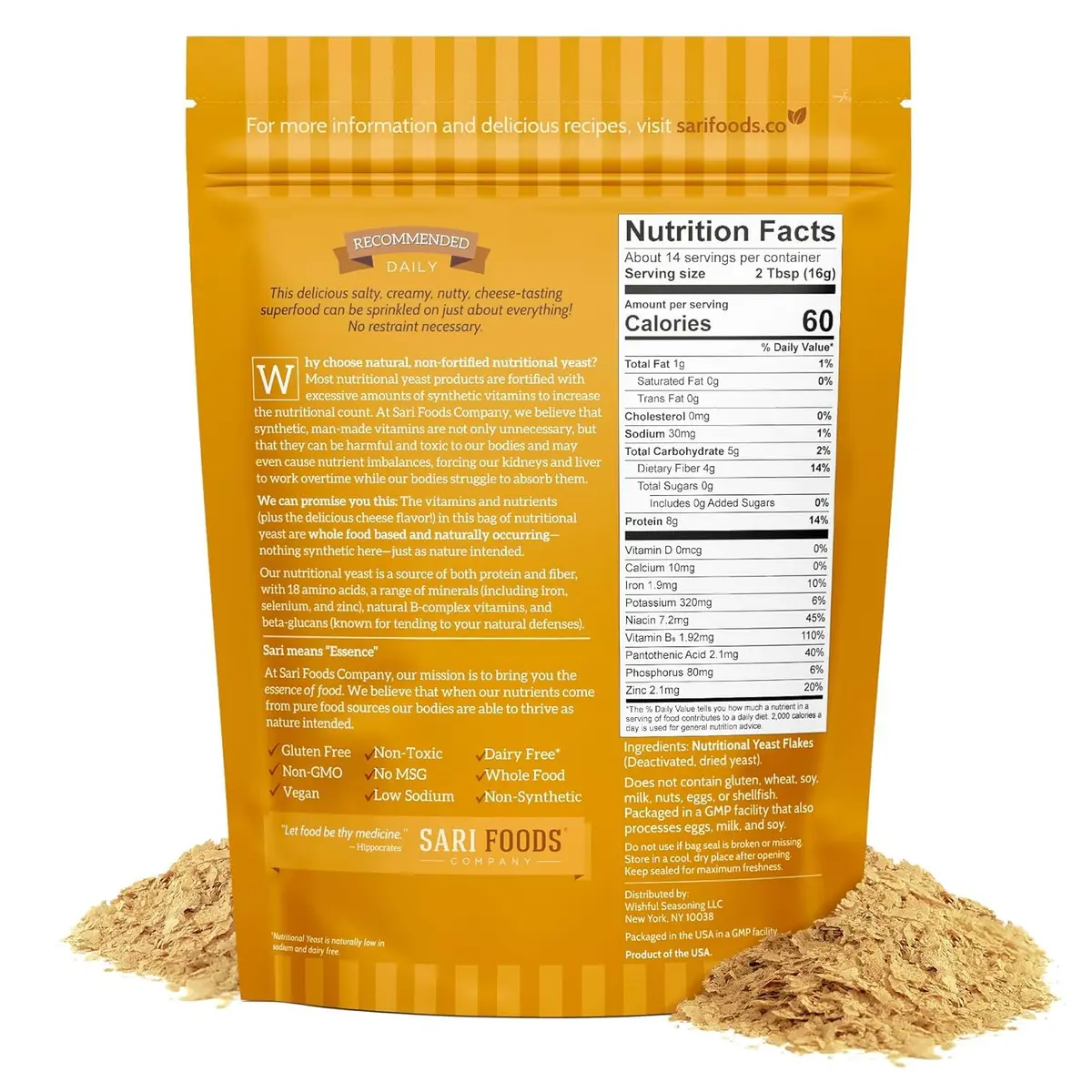 Sari Foods Co Gluten Free Nutritional Yeast Flakes 8oz (227g) | Vegan Protein & B Vitamins Superfood - view 2