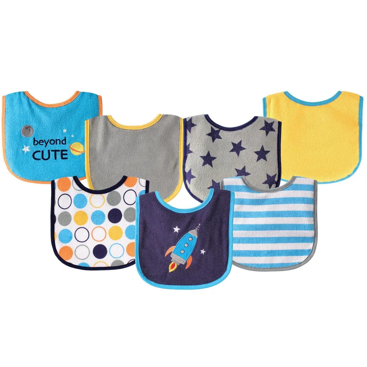 Luvable Friends Baby Cotton Terry Drooler Bibs with PEVA Back, Blue Rocket, One Size | Waterproof & Machine Washable - main product image