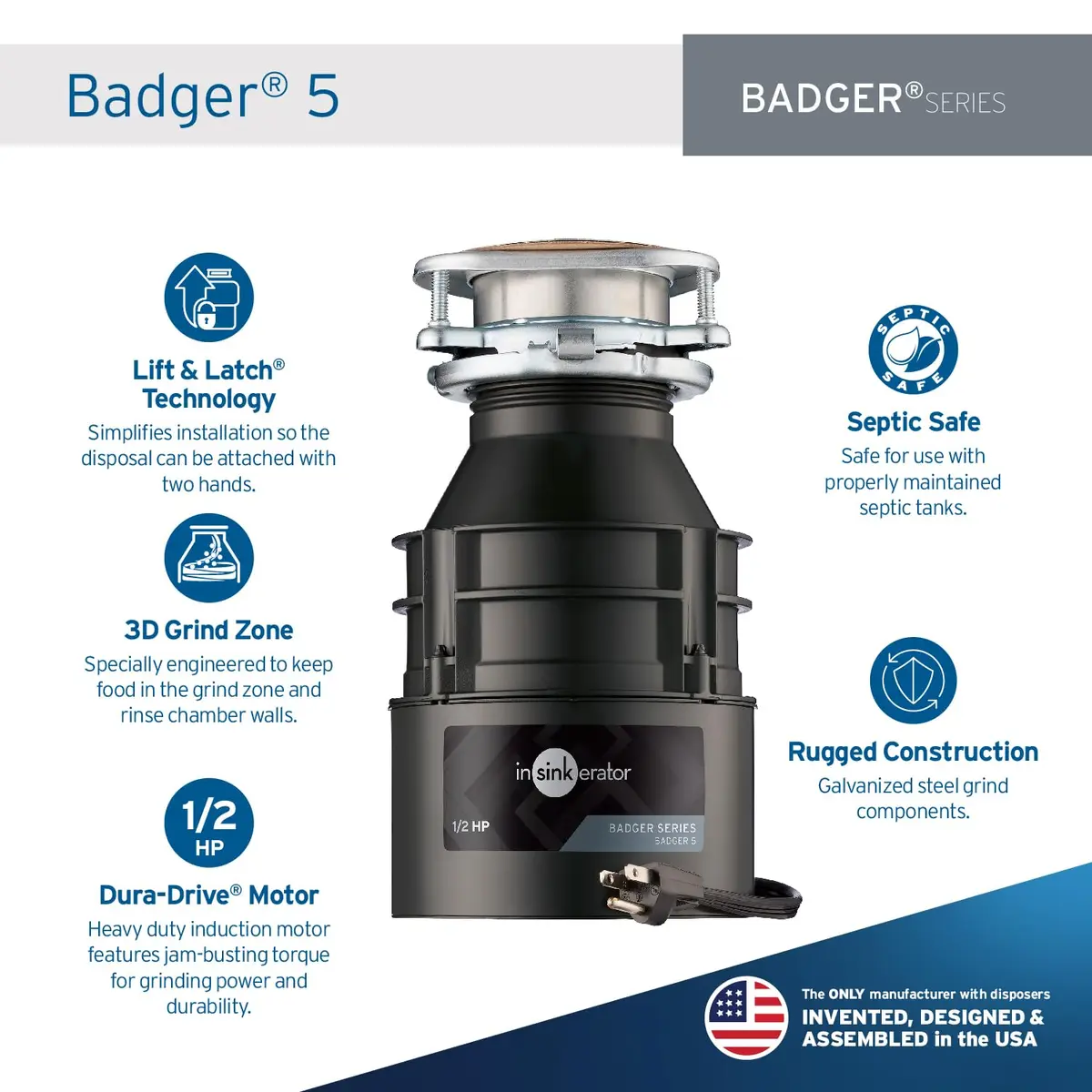 InSinkErator Badger 5 Garbage Disposal 1/2 HP Continuous Feed | 1.89 kg (4.17 lb) Motor Assembly - view 2