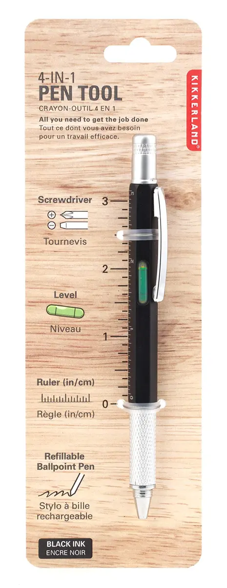 Kikkerland 4-In-1 Pen Tool with Ruler, Level & Screwdriver, Black/Silver (5.8 x 1.8 x 1.4 inches) - main product image