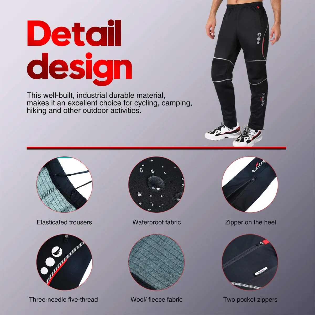 4ucycling Men's Mountain Bike Pants, Thermal Fleece Windproof Winter Cycling Pants | Windproof, Water-Resistant, Thermal Insulation - view 5