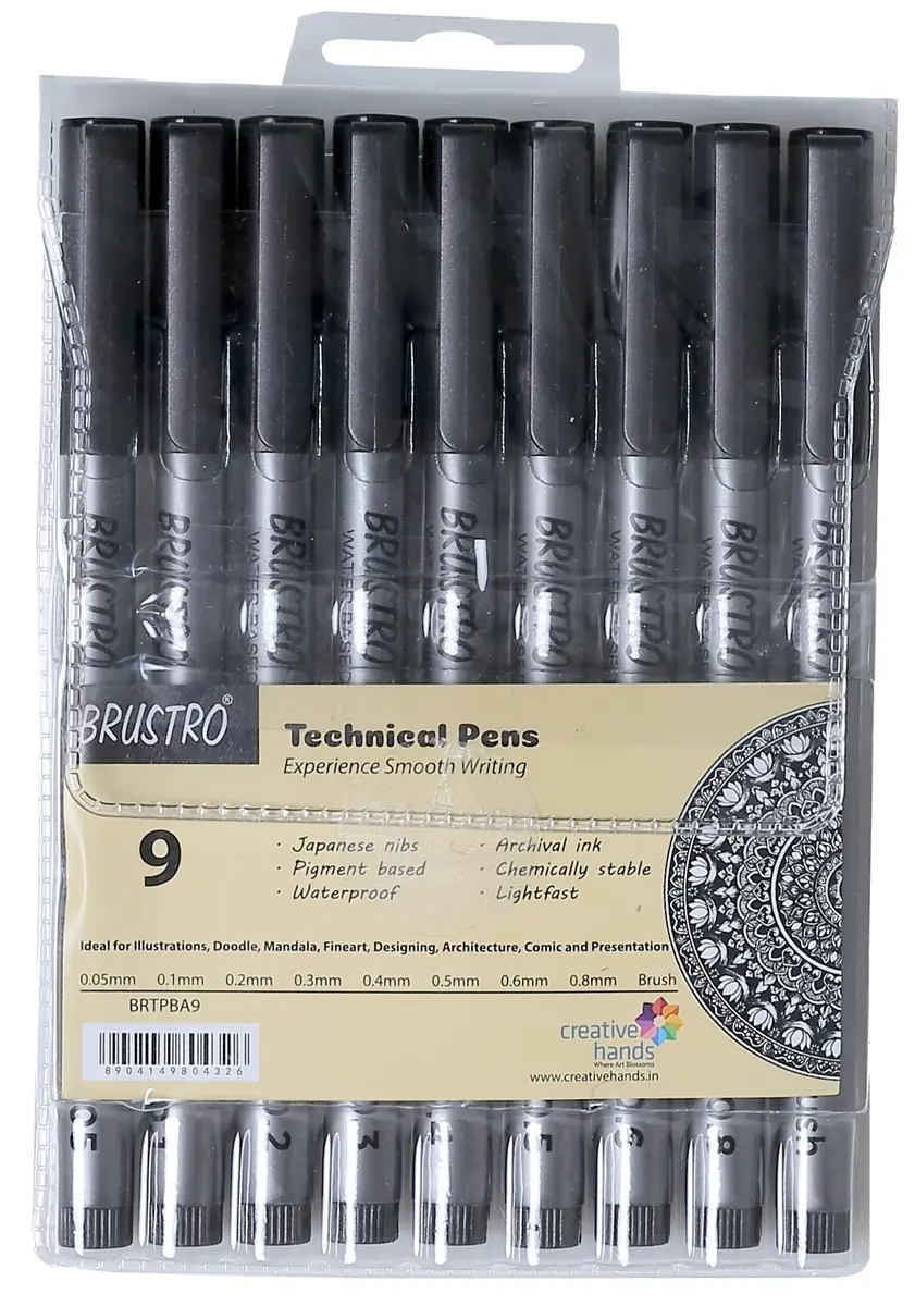 BRUSTRO Technical Pen (Pack Of 9) 0.9mm | Fine, Waterproof Ink for Art & Design - main product image