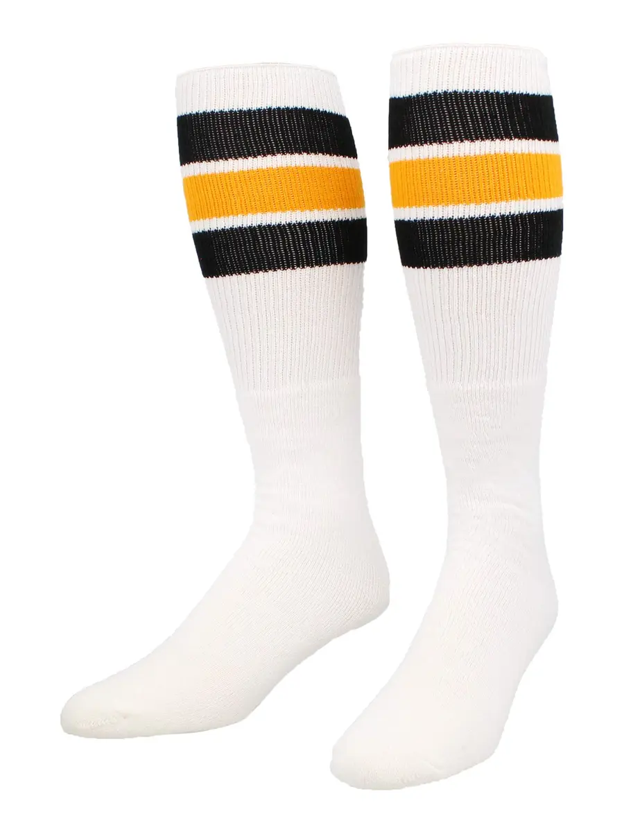 TCK Retro 3 Stripe Tube Socks (Black/Gold, Large) Classic 70's Style Athletic Socks for Men & Women - main product image