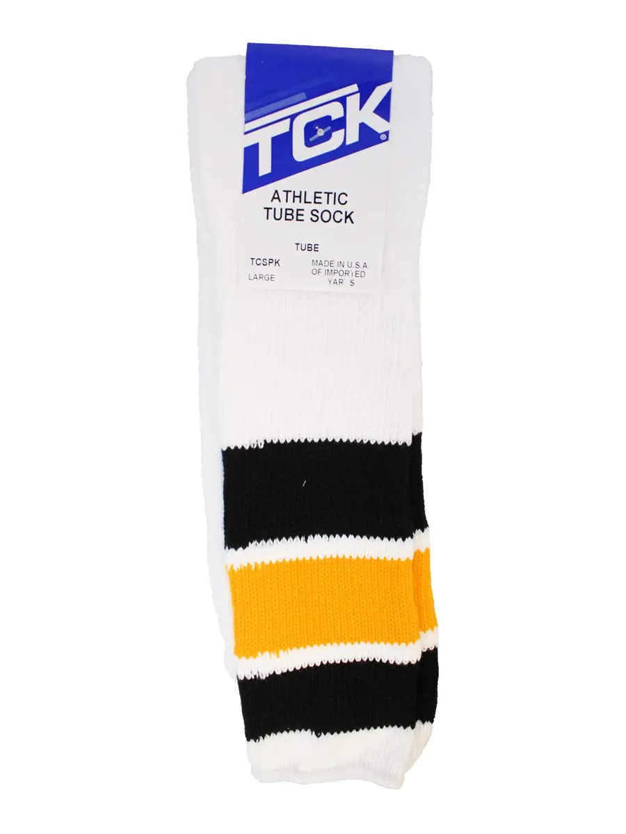 TCK Retro 3 Stripe Tube Socks (Black/Gold, Large) Classic 70's Style Athletic Socks for Men & Women - view 3