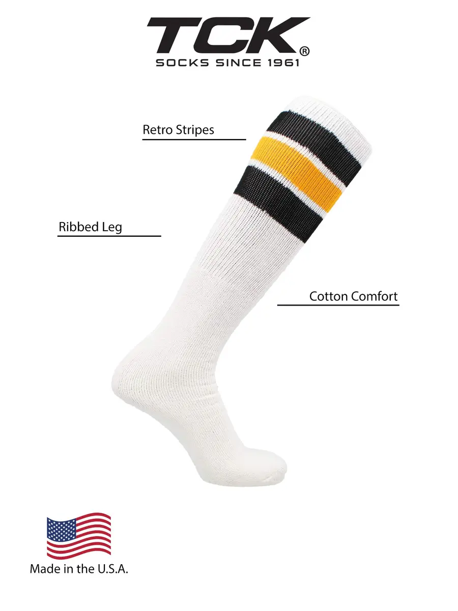 TCK Retro 3 Stripe Tube Socks (Black/Gold, Large) Classic 70's Style Athletic Socks for Men & Women - view 4
