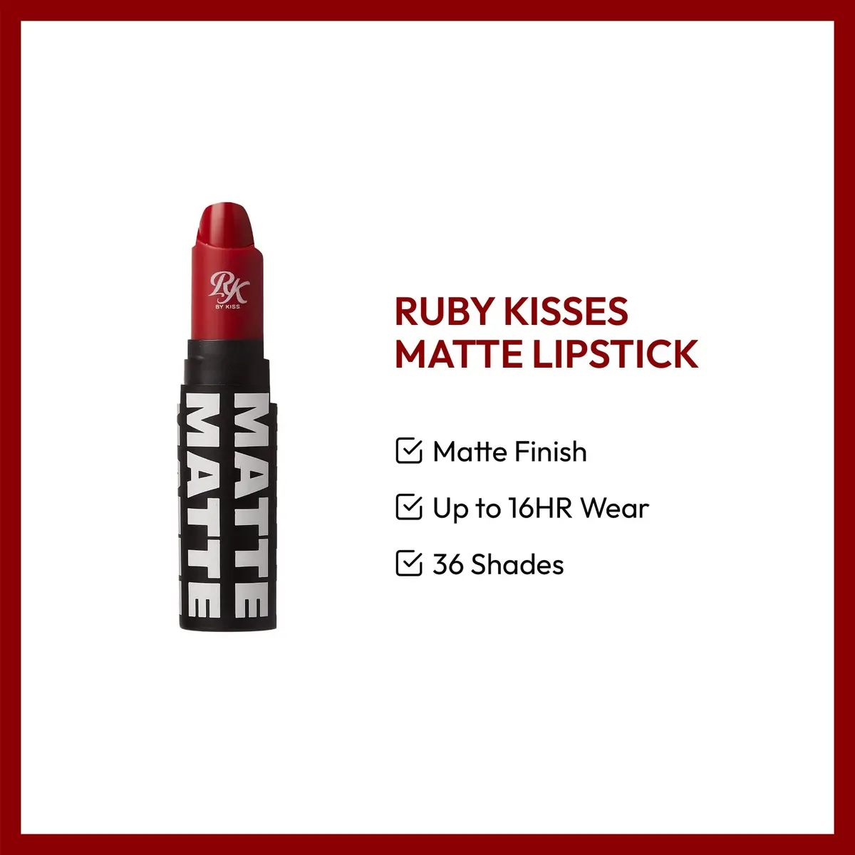 Ruby Kisses Matte Lipstick Kiss Red 3.5g (0.12oz) | Long-Lasting Full Coverage - view 3