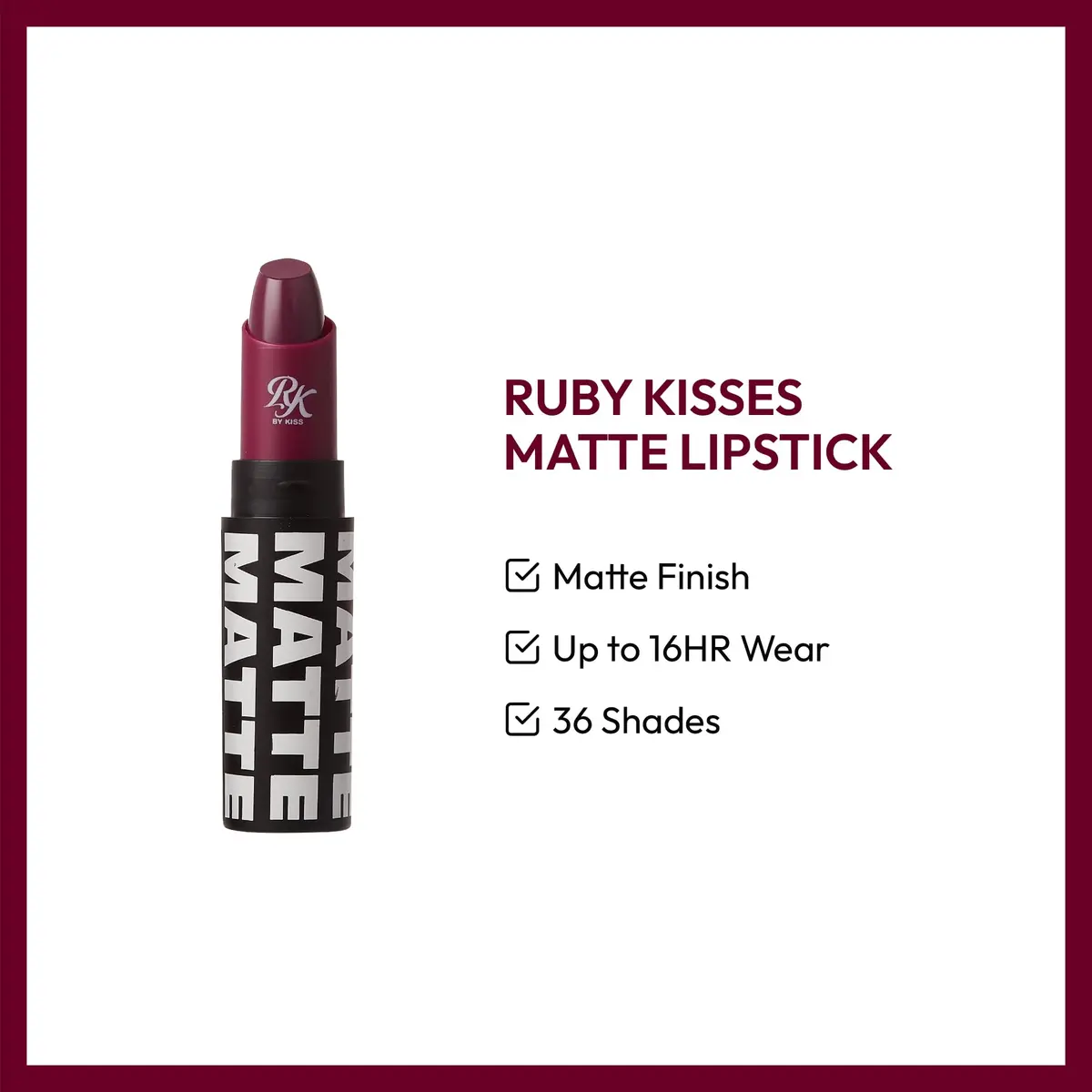 Ruby Kisses Matte Lipstick Plum Wine | Long Lasting, Rich Matte Finish (3ml) - view 3