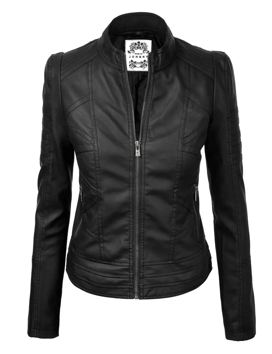 Made By Johnny WJC746 Womens Vegan Leather Motorcycle Jacket S Black | Fitted, Lightweight, Faux Leather - main product image