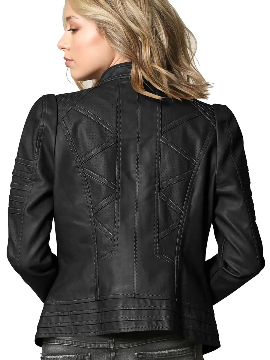 Made By Johnny WJC746 Womens Vegan Leather Motorcycle Jacket S Black | Fitted, Lightweight, Faux Leather - view 2