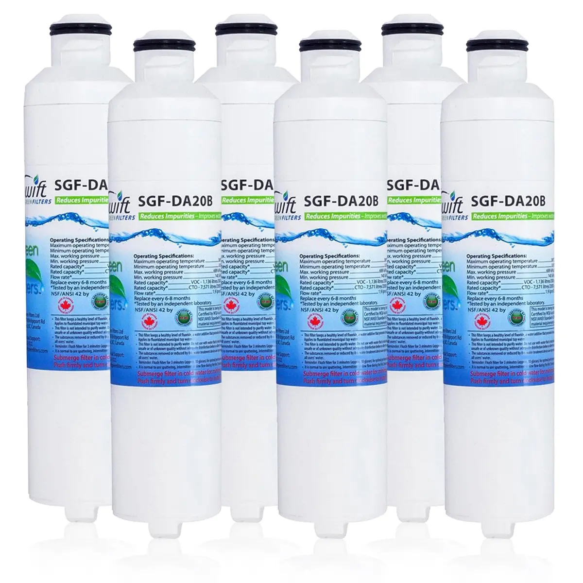 Swift Green Filters SGF-DA20B Refrigerator Water Filter 6 Pack | NSF Certified Coconut Carbon Filtration - main product image