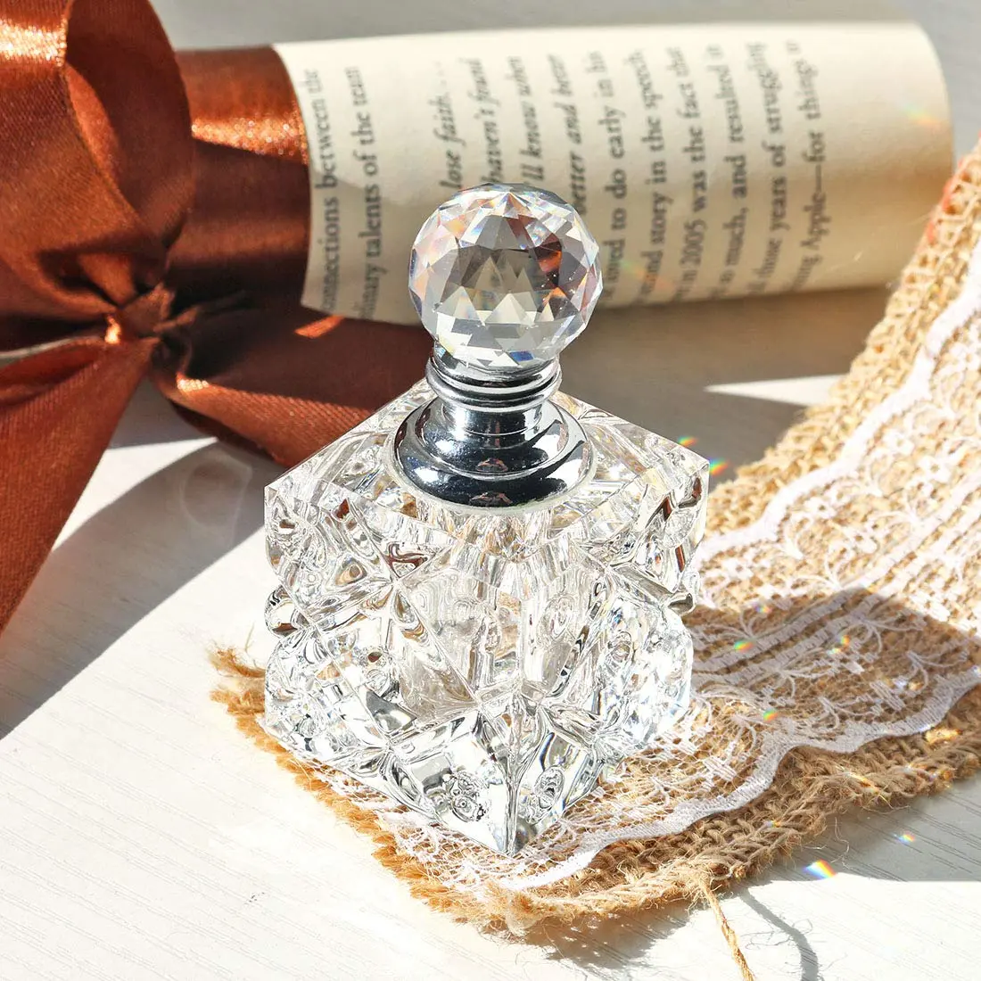 H&D HYALINE & DORA Clear Cubic Carved Crystal Refillable Perfume Bottle Desk Decor | Refillable, Elegant & Unique (70-120 chars) - view 4