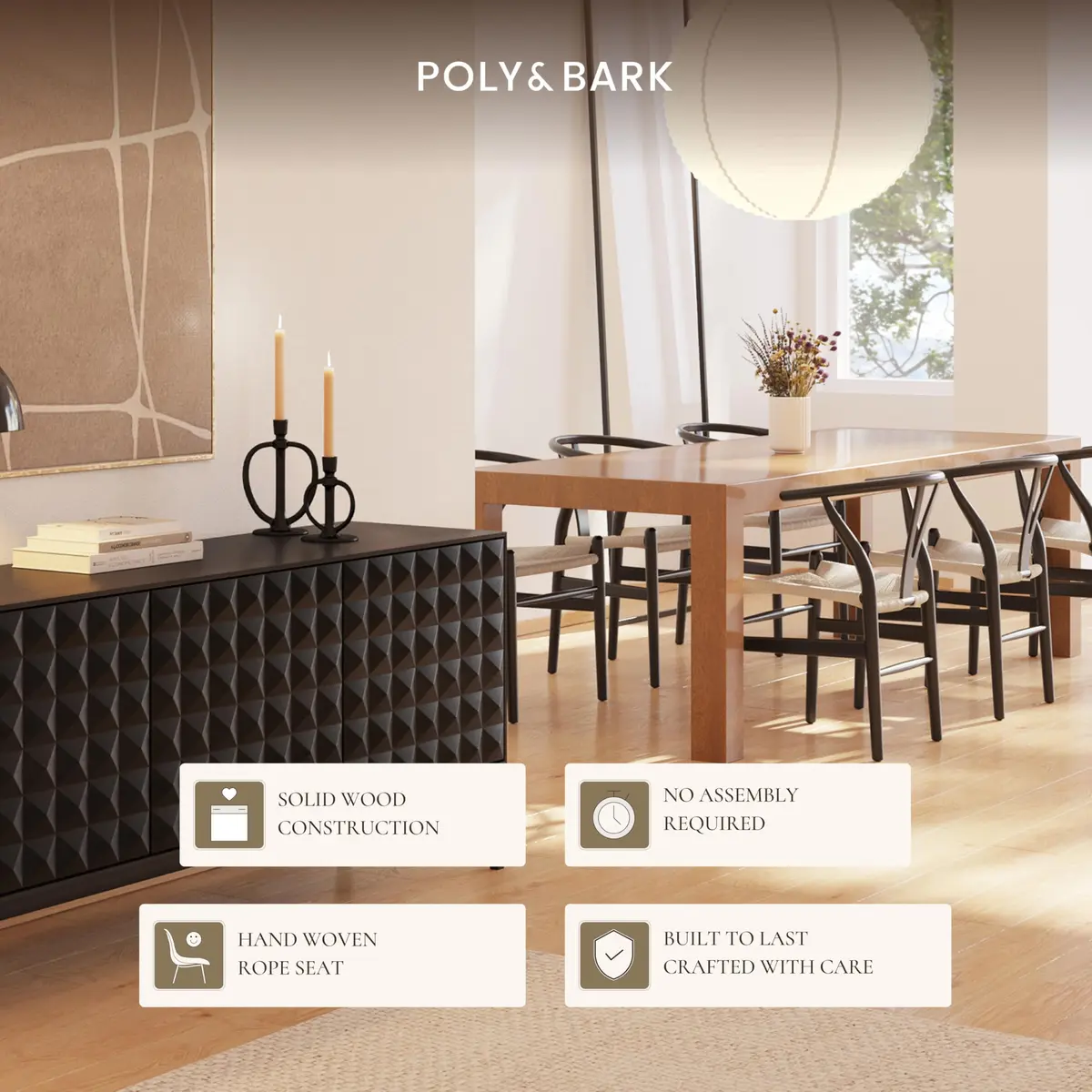 POLY & BARK Weave Dining Chair – Mid-Century Modern Wishbone Chair with Arms, Solid Wood Frame, Indoor Use – Black – Single - view 4