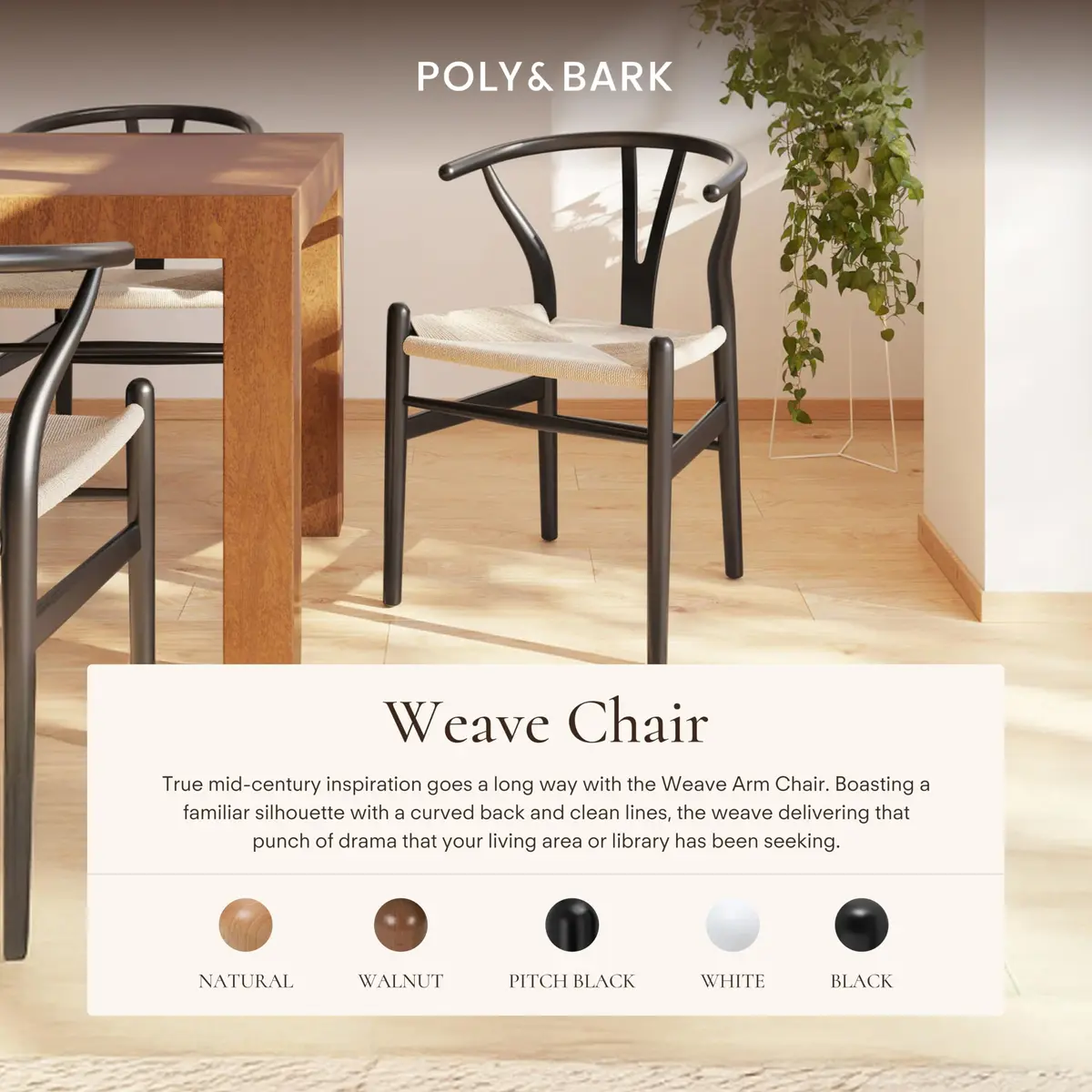 POLY & BARK Weave Dining Chair – Mid-Century Modern Wishbone Chair with Arms, Solid Wood Frame, Indoor Use – Black – Single - view 2