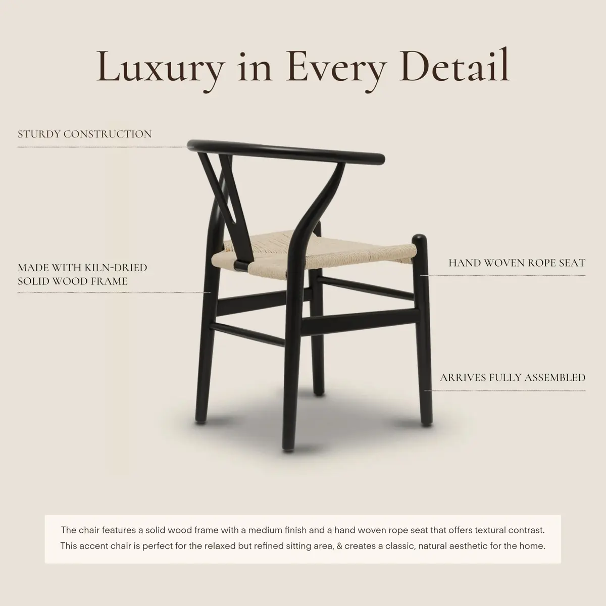 POLY & BARK Weave Dining Chair – Mid-Century Modern Wishbone Chair with Arms, Solid Wood Frame, Indoor Use – Black – Single - view 3