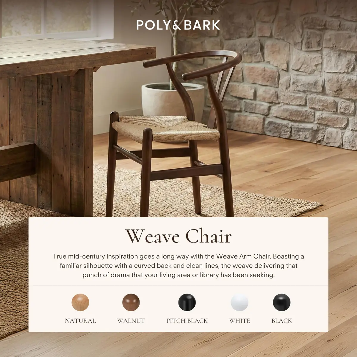 POLY & BARK Weave Dining Chair – Mid-Century Modern Wishbone Chair with Arms, Solid Wood Frame, Walnut, Single - view 2