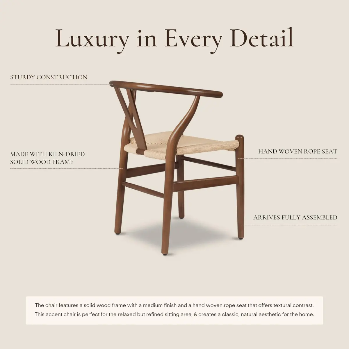 POLY & BARK Weave Dining Chair – Mid-Century Modern Wishbone Chair with Arms, Solid Wood Frame, Walnut, Single - view 3