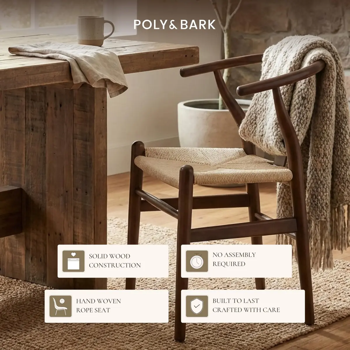 POLY & BARK Weave Dining Chair – Mid-Century Modern Wishbone Chair with Arms, Solid Wood Frame, Walnut, Single - view 4