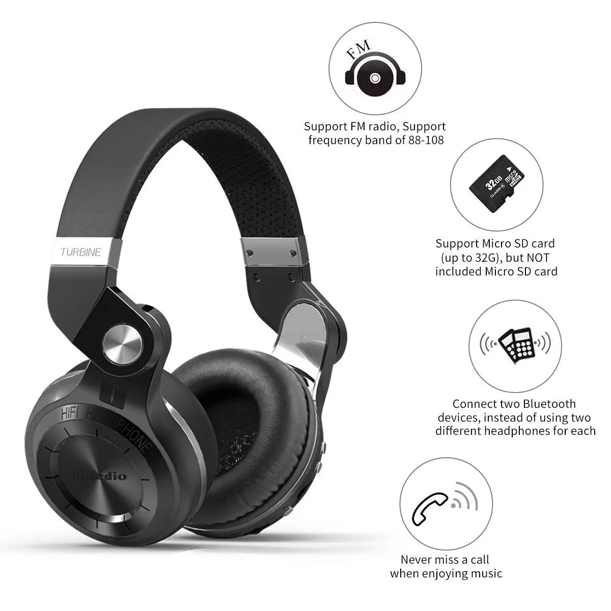 Bluedio T2 Plus Turbine Wireless Bluetooth Headphones with Mic and FM Radio | Foldable, 57mm Speaker, 40H Playtime - view 2