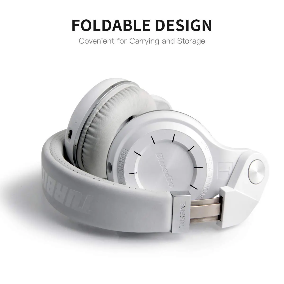 Bluedio T2 Plus Turbine Wireless Bluetooth Headphones with Mic/Micro SD Card Slot/FM Radio (White) | Over Ear, Foldable, 40hrs BT - view 5