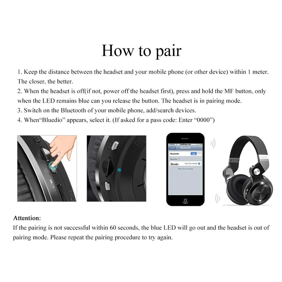 Bluedio T2 Plus Turbine Wireless Bluetooth Headphones with Mic/Micro SD Card Slot/FM Radio (White) | Over Ear, Foldable, 40hrs BT - view 8