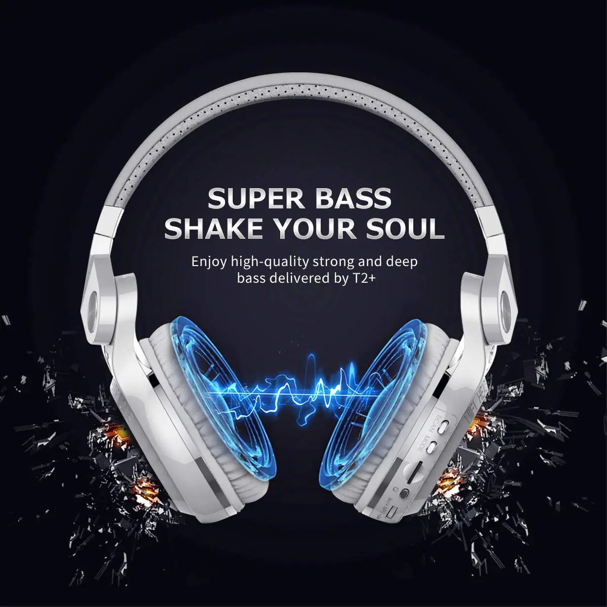 Bluedio T2 Plus Turbine Wireless Bluetooth Headphones with Mic/Micro SD Card Slot/FM Radio (White) | Over Ear, Foldable, 40hrs BT - view 2