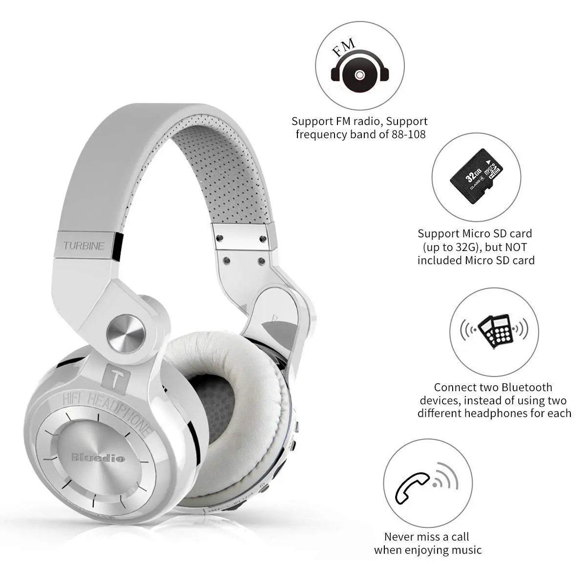 Bluedio T2 Plus Turbine Wireless Bluetooth Headphones with Mic/Micro SD Card Slot/FM Radio (White) | Over Ear, Foldable, 40hrs BT - view 3