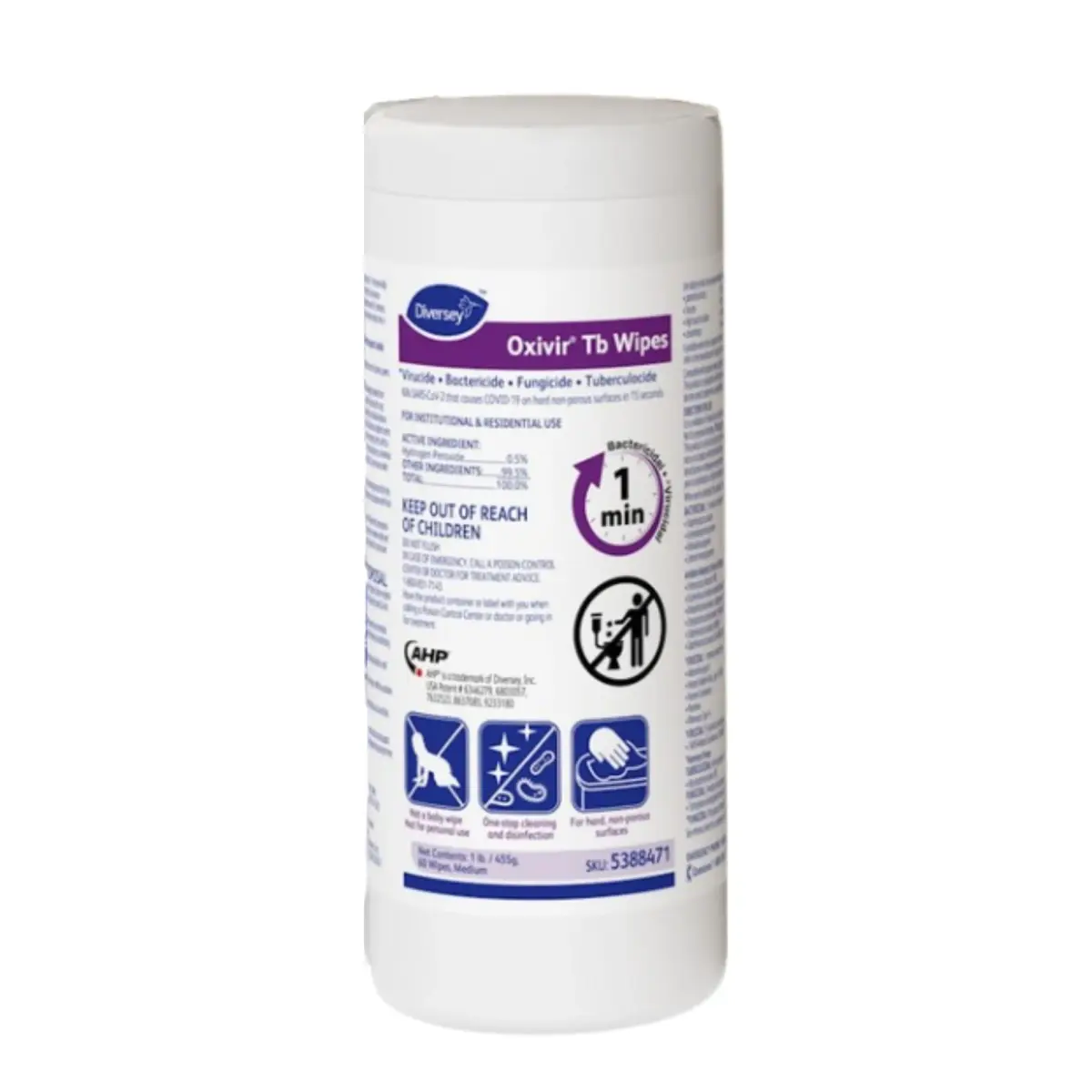 Oxivir Diversey Tb Disinfectant Wipes, 60 Count Canister | EPA Registered Hydrogen Peroxide Formula - main product image
